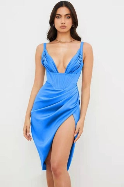 Satin Dress Women Strap Ruched Deep V Neck Corset Dress Backless Bodycon Off The Shoulder Sexy Party Elegant Evening Club Dress