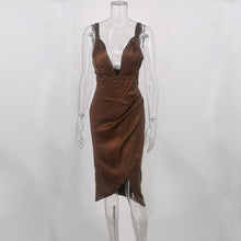 Load image into Gallery viewer, Satin Dress Women Strap Ruched Deep V Neck Corset Dress Backless Bodycon Off The Shoulder Sexy Party Elegant Evening Club Dress