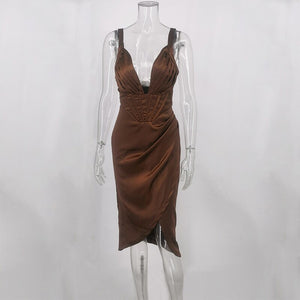 Satin Dress Women Strap Ruched Deep V Neck Corset Dress Backless Bodycon Off The Shoulder Sexy Party Elegant Evening Club Dress