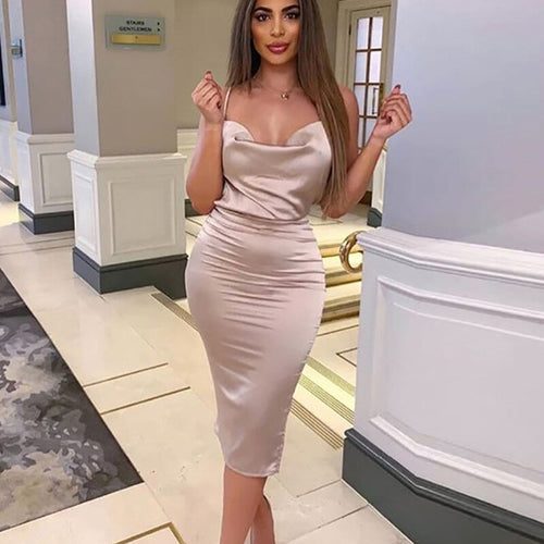 Satin Lace Up Summer Dress Women Bodycon Long Midi Vintage Backless Elegant Party Outfits Sexy Club Clothes Vestido Dresses Robe