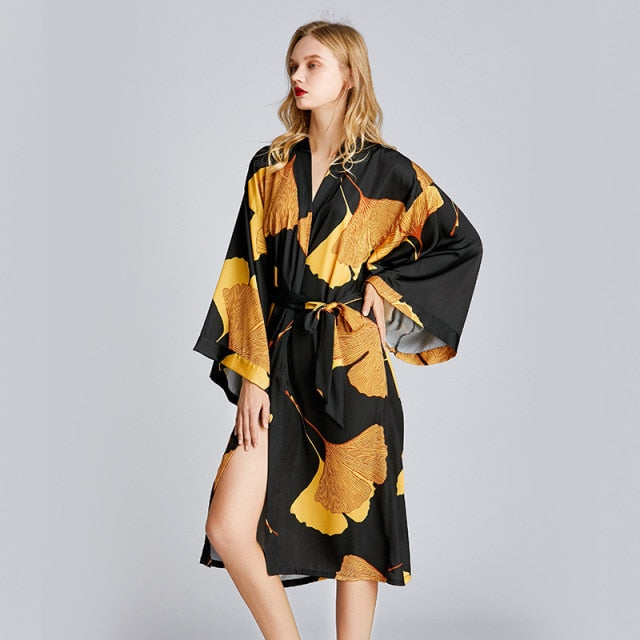 Satin Lingerie Bathrobe Femme Silk Robes for Women Long Gowns Printed Long Sleeve Sleepwear Sexy Terry Sheer Shower Robe