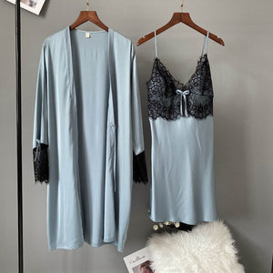 Satin Robe & Gown Set Womens Lace Bathrobe Sexy Hot Erotic Nightdress Kimono Nightgowns Lounge Robes Femme Sleepwear Nighties