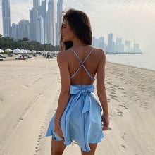 Load image into Gallery viewer, Satin Sexy Backless Beach Party Dresses Women Elegant Spaghetti Straps Lace Up Mini Dress Summer Holiday Bandage Slip Pink Dress