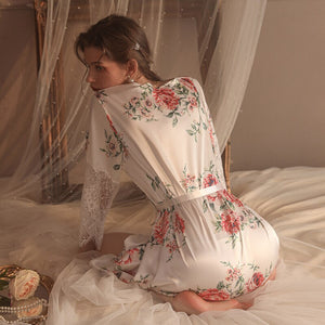 Satin Silk Robe with Belt Women Rose Lace Sleepwear Sexy Lingerie Bathrobe Floral Kimono Bridesmaid Gift Bath Nightgown Summer