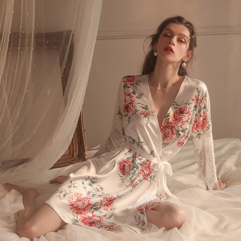 Satin Silk Robe with Belt Women Rose Lace Sleepwear Sexy Lingerie Bathrobe Floral Kimono Bridesmaid Gift Bath Nightgown Summer