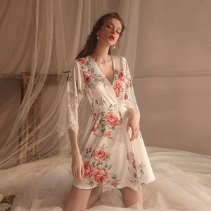 Satin Silk Robe with Belt Women Rose Lace Sleepwear Sexy Lingerie Bathrobe Floral Kimono Bridesmaid Gift Bath Nightgown Summer