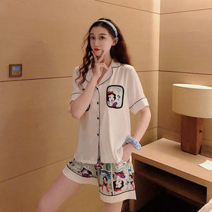 Satin Underwear  Pajamas Set Women Summer Long Sleeve Shorts Cute  Anime Pajamas Thin Section Out Home Clothes Two-Piece Set