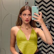 Load image into Gallery viewer, Satin V-Neck Halter Backless Party Crop Top Sexy Rhombus Cami Tops for Women Festival Green Crop Tops Chic E-girl Mini Outfits