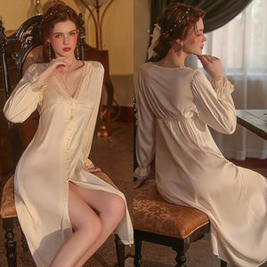 Satin Victorian Evening Dress Women Bride Lace Party Date Nightgown Sexy Nightdress Pure Sleepwear Ice Silk Long Robe Summer