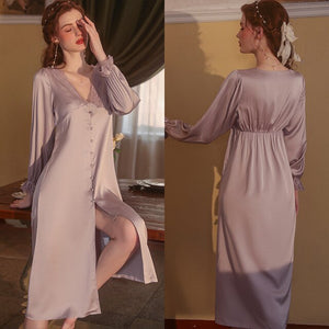 Satin Victorian Evening Dress Women Bride Sexy Nightdress Pure Sleepwear Ice Silk Long Robe Lace Nightgown Party Date Summer