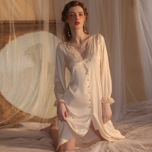 Satin Victorian Evening Dress Women Bride Sexy Nightdress Pure Sleepwear Ice Silk Long Robe Lace Nightgown Party Date Summer