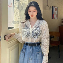 Load image into Gallery viewer, See Through Women's Blouse Lace Floral Top Female White Button Elegant Open Stitch Autumn 2021 Women's Clothing