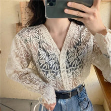 Load image into Gallery viewer, See Through Women's Blouse Lace Floral Top Female White Button Elegant Open Stitch Autumn 2021 Women's Clothing