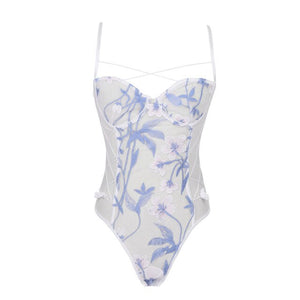 See-through Mesh Backless Lingerie Bodysuits Womens Erotic Sexy Floral Butterfly Embroidery Lace-up Sheer Leotard Costume