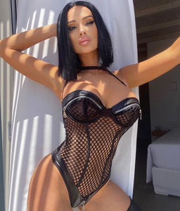 Sensual Fishnet Bodysuit Women Latex Exotic Costumes Sexy Hollow Out Halter Bodycon Hot Lingerie Sissy Zipper Body