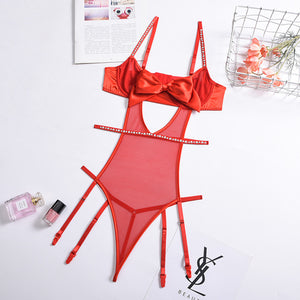 Sensual Lingerie Bodysuit Women Rhinestone Christmas Red Bowknot Erotic Lingerie Mesh Hollow Out Valentine&#39;s Day Sexy Costume