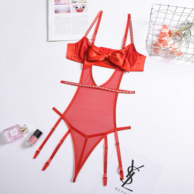 Sensual Lingerie Bodysuit Women Rhinestone Christmas Red Bowknot Erotic Lingerie Mesh Hollow Out Valentine's Day Sexy Costume