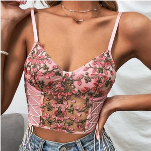Sensual Lingerie Floral Embroidery Block Criss Sexy Backless Tank Lettuce Trim Knitted Vest Women Summer Patchwork Crop Top