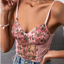 Load image into Gallery viewer, Sensual Lingerie Floral Embroidery Block Criss Sexy Backless Tank Lettuce Trim Knitted Vest Women Summer Patchwork Crop Top
