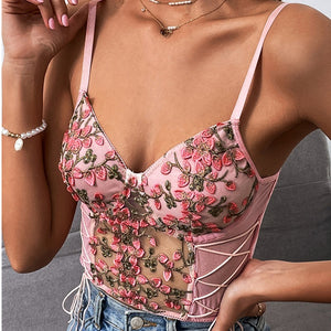 Sensual Lingerie Floral Embroidery Block Criss Sexy Backless Tank Lettuce Trim Knitted Vest Women Summer Patchwork Crop Top