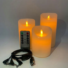 Load image into Gallery viewer, Set of 3 USB Rechargeable Flickering Paraffin Wax Pillar Candle lamp Remote control w/timer Moving Dancing wick Home Decoration