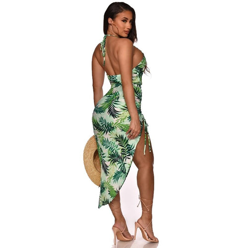 Setiadia Summer Women printing Dress Sexy Party Fork pump Sundress Prom green Dresses birthday outfits For Woman's Clothing 2021