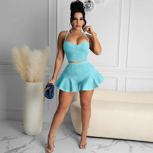Sexy 2 Piece Set Women Summer Backless Crop Top Ruffles Shorts Suits Birthday Party Club Outfits for Women Matching Sets Elegant