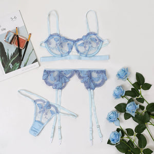 Sexy 3 PCS Set Butterfly Embroidery Sensual Lingerie Underwear Women Erotic Costumes Perspective Bra and Thong Exotic Underwire