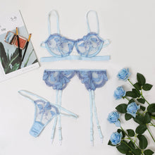Load image into Gallery viewer, Sexy 3 PCS Set Butterfly Embroidery Sensual Lingerie Underwear Women Erotic Costumes Perspective Bra and Thong Exotic Underwire