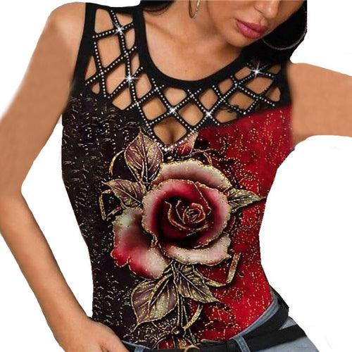 Sexy 3D Print Hollow Out T Shirt Tops Women Summer Sleeveless O-neck Tank Top Fashion Rose Floral Plus Size 5xl T Shirts Femme