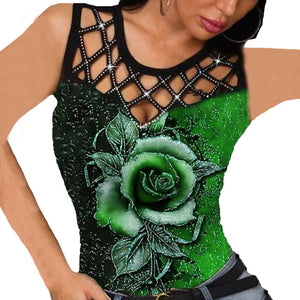 Sexy 3D Print Hollow Out T Shirt Tops Women Summer Sleeveless O-neck Tank Top Fashion Rose Floral Plus Size 5xl T Shirts Femme