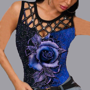 Sexy 3D Print Hollow Out T Shirt Tops Women Summer Sleeveless O-neck Tank Top Fashion Rose Floral Plus Size 5xl T Shirts Femme