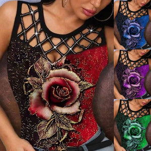 Sexy 3D Print Hollow Out T Shirt Tops Women Summer Sleeveless O-neck Tank Top Fashion Rose Floral Plus Size 5xl T Shirts Femme