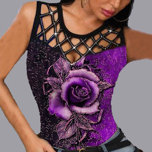 Sexy 3D Print Hollow Out T Shirt Tops Women Summer Sleeveless O-neck Tank Top Fashion Rose Floral Plus Size 5xl T Shirts Femme