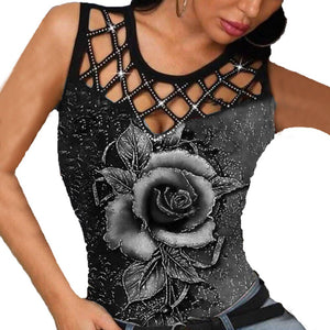 Sexy 3D Print Hollow Out T Shirt Tops Women Summer Sleeveless O-neck Tank Top Fashion Rose Floral Plus Size 5xl T Shirts Femme