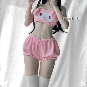 Sexy Anime Cosplay Cinnamon Dog Costumes Long Ear Doggy Bra and Bloomers Pink and White Kwaii Velvet Tube Top Panties Set