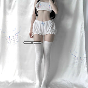 Sexy Anime Cosplay Cinnamon Dog Costumes Long Ear Doggy Bra and Bloomers Pink and White Kwaii Velvet Tube Top Panties Set