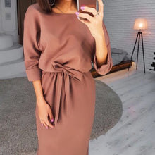 Load image into Gallery viewer, Sexy Back V Neck Button Women&#39;s Dress Casual Loose Long Sleeve Midi Dress Ladies Autumn Winter Fashion Solid Color Sashes Dress