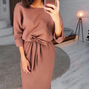Sexy Back V Neck Button Women's Dress Casual Loose Long Sleeve Midi Dress Ladies Autumn Winter Fashion Solid Color Sashes Dress