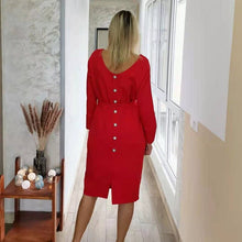 Load image into Gallery viewer, Sexy Back V Neck Button Women&#39;s Dress Casual Loose Long Sleeve Midi Dress Ladies Autumn Winter Fashion Solid Color Sashes Dress