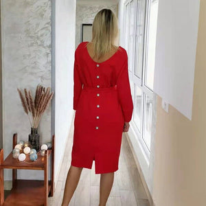 Sexy Back V Neck Button Women's Dress Casual Loose Long Sleeve Midi Dress Ladies Autumn Winter Fashion Solid Color Sashes Dress