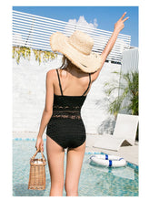 Load image into Gallery viewer, Sexy Bandeau One Piece Swimsuit Women Solid Swimwear Mesh Monokini Hollow Swim Suit Lace Trikini Black Bathing Suit 2 Sets Pad