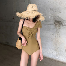Load image into Gallery viewer, Sexy Bandeau One Piece Swimsuit Women Solid Swimwear One Shoulder Monokini Pad Swim Suit Pleated Trikini Bow Bathing Suit Pad