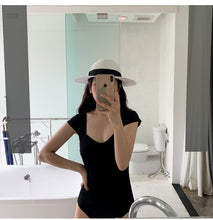 Load image into Gallery viewer, Sexy Bandeau One Piece Swimsuit Women Solid Swimwear Peated Monokini Push Up Swim Suit Pads Trikini Korea Bathing Suit Black