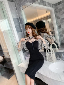 Sexy Black Bodycon Dress Romanic Woman Flare Sleeve Ruffles Polka Dots Dresses For Date Party Night Club Vestido Festa