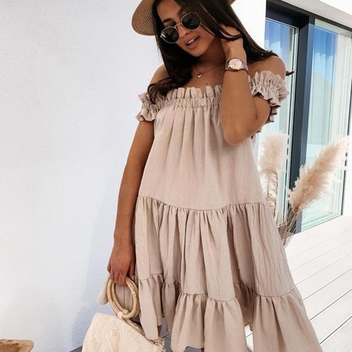 Sexy Black Short Sleeve Off Shoulder Dress Women Summer Fashion Casual Solid Loose A-line Dresses For Women 2021 Blue Robe Femme
