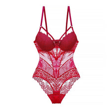 Load image into Gallery viewer, Sexy Body Women Push Up Strappy Cup Underwire Hollow Out Back Floral Pattern Bodysuit Women Lingerie Bra with Openable Crotch