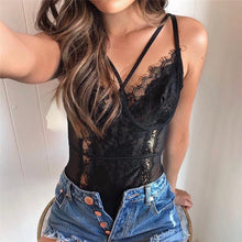 Load image into Gallery viewer, Sexy Bodycon Bodysuit Women Lace Underwea Hollow Criss-cross V Neck Top Corset Jumpsuit Fashion White Black Overalls Femlae Body