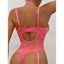 Load image into Gallery viewer, Sexy Bodysuit Underwear Set Women See Through Fishnet Lingerie Halter Open Cup Bandage Bodysuit Pink Transparent Corset Intimate