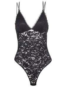 Sexy Bodysuit with Chest Pad Jumpsuit Perspective Botton Open Crotch Black Lace Floral Backless Perspective Strap Bodysuits